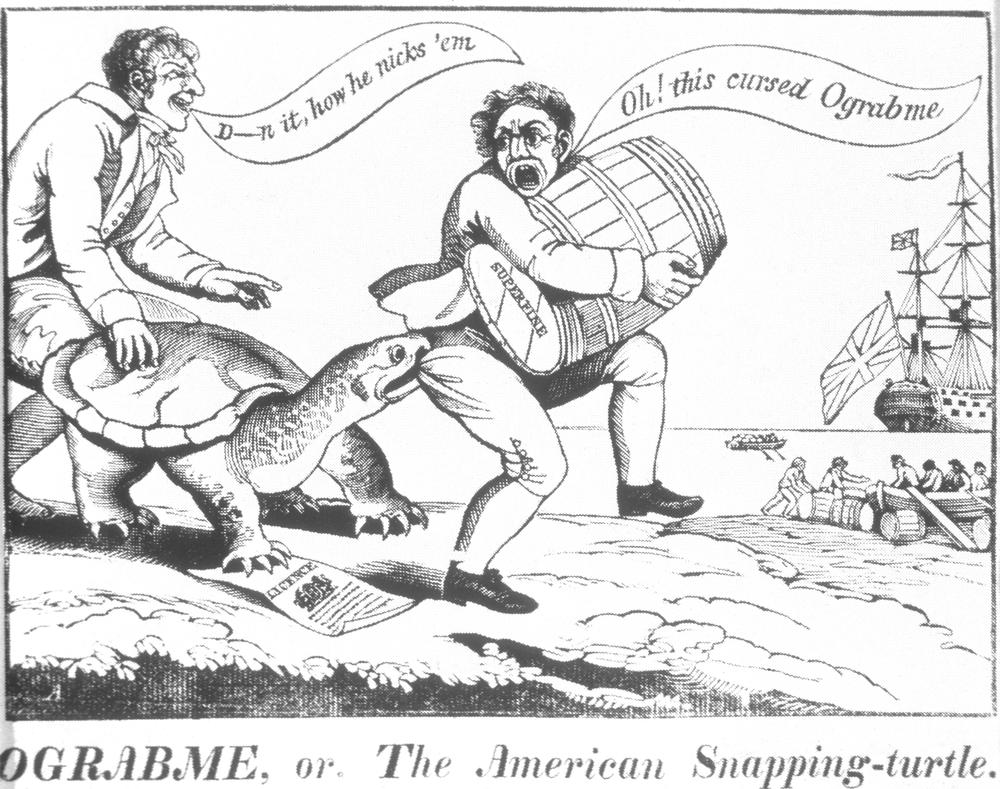 Wood engraving: a snapping turtle bites a man carrying a cask on a beach while a British ship waits offshore. A man sitting on the turtle says “D—n it, how he nicks ’em.” The bitten trader cries “Oh! this cursed Ograbme.” Printed title: OGRABME, or The American Snapping-turtle.